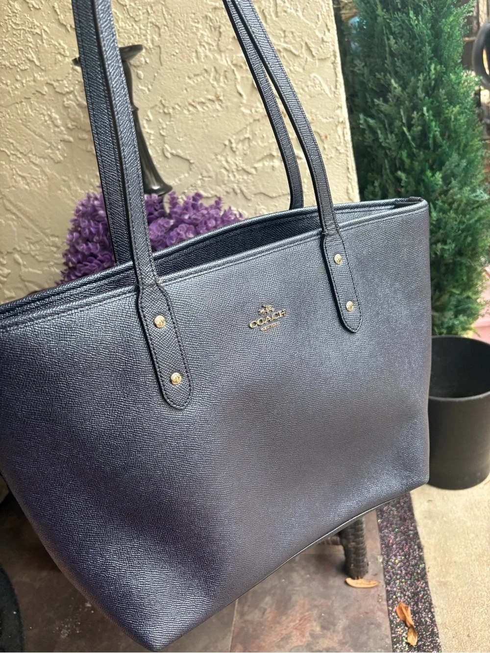 Coach navy blue/denim/metallic Leather Tote with silver logo Accent